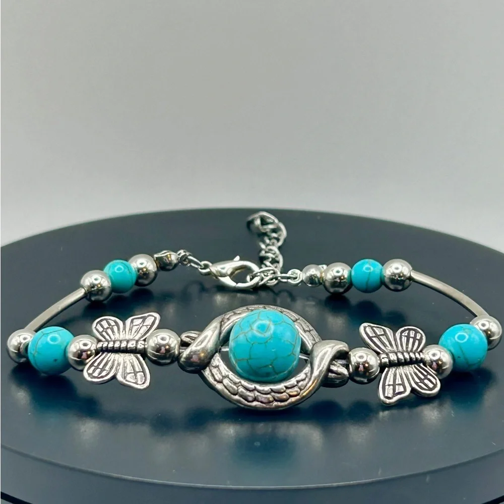 Whimsical Silver & Turquoise Butterfly Accent Bracelet